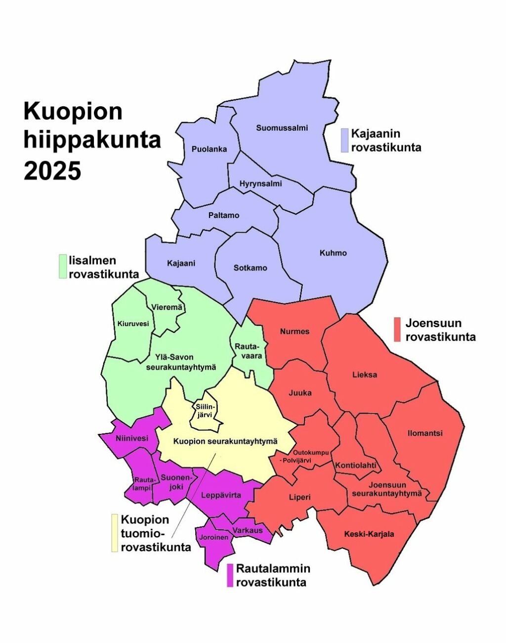 Kuopion hiippakunnan kartta vuodelta 2025